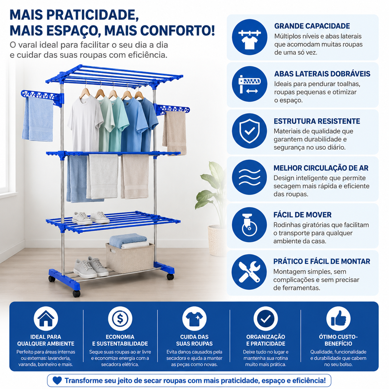 Varal Torre 3 Andares Inox Retrátil Compacto - imagem 2