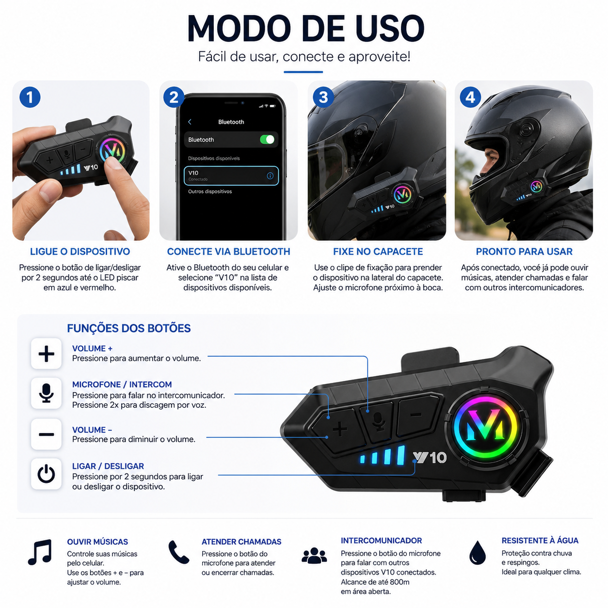 Fone de Ouvido Bluetooth para Capacete RGB com Microfone - imagem 3