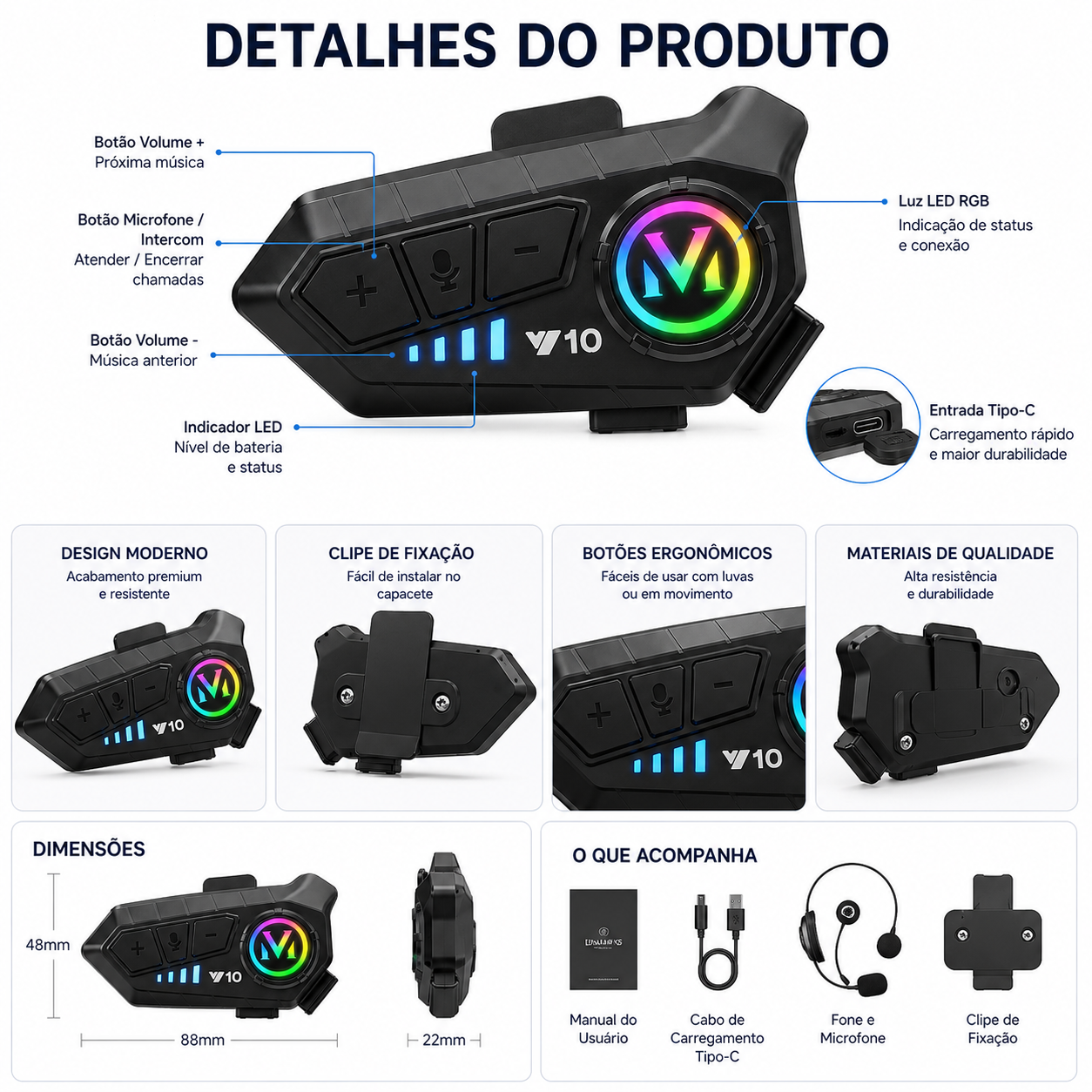 Fone de Ouvido Bluetooth para Capacete RGB com Microfone - imagem 2