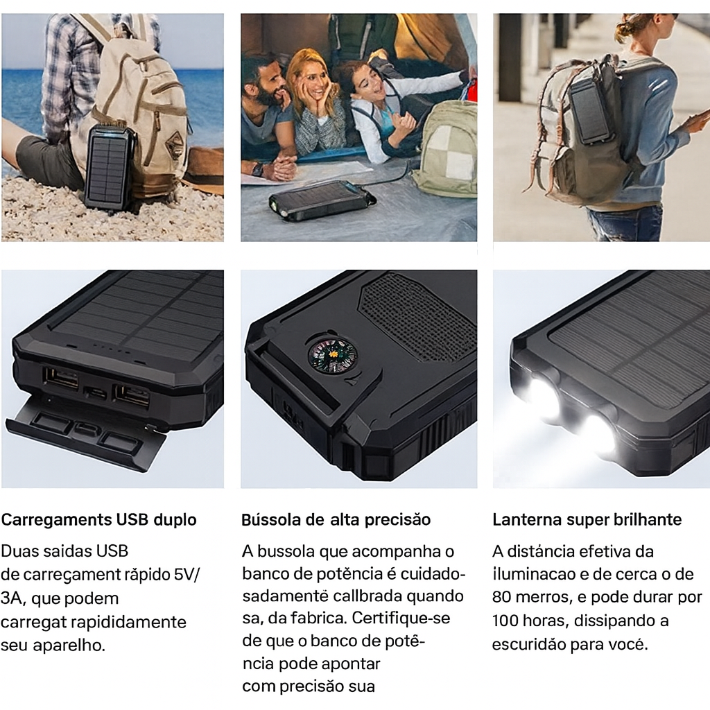 Carregador Portátil Power Bank Solar Usb Preto - imagem 2