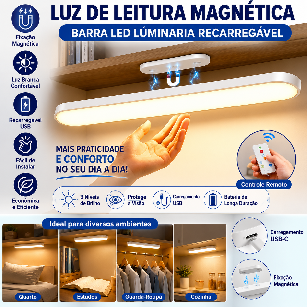 Luminária de Leitura Magnética Barra LED Recarregável - imagem 2