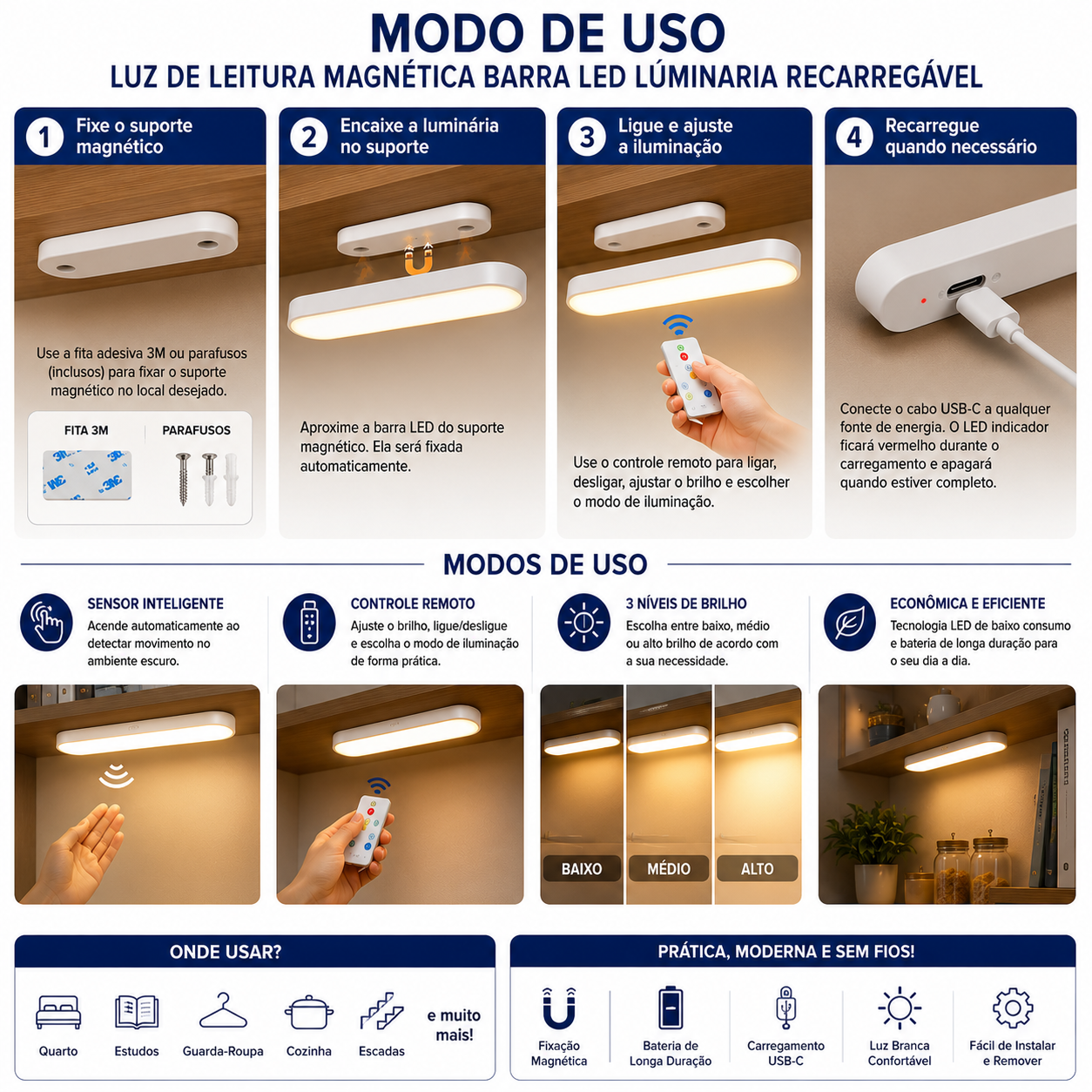 Luminária de Leitura Magnética Barra LED Recarregável - imagem 3