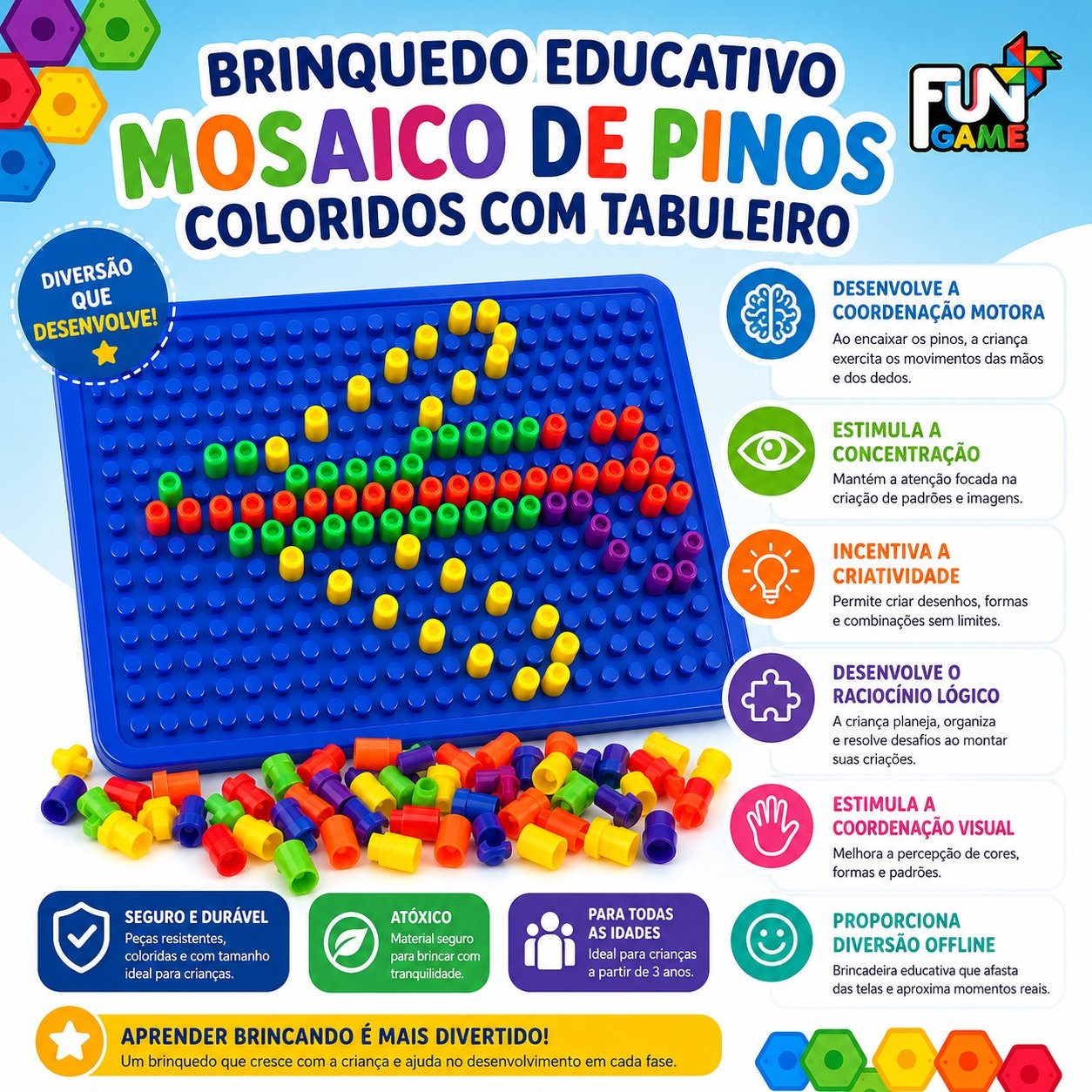 Brinquedo Educativo Mosaico de Pinos Coloridos com Tabuleiro - imagem 2