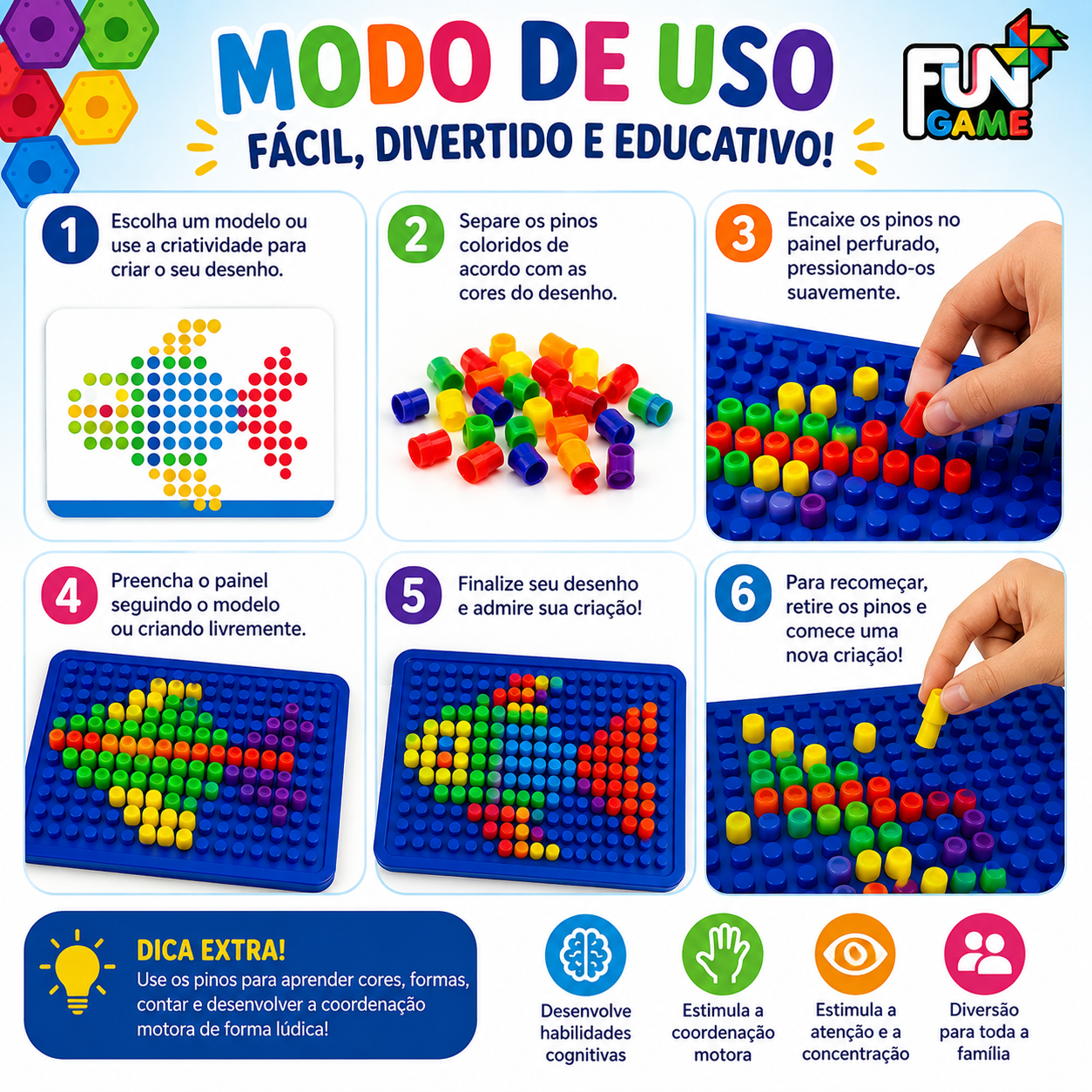 Brinquedo Educativo Mosaico de Pinos Coloridos com Tabuleiro - imagem 3