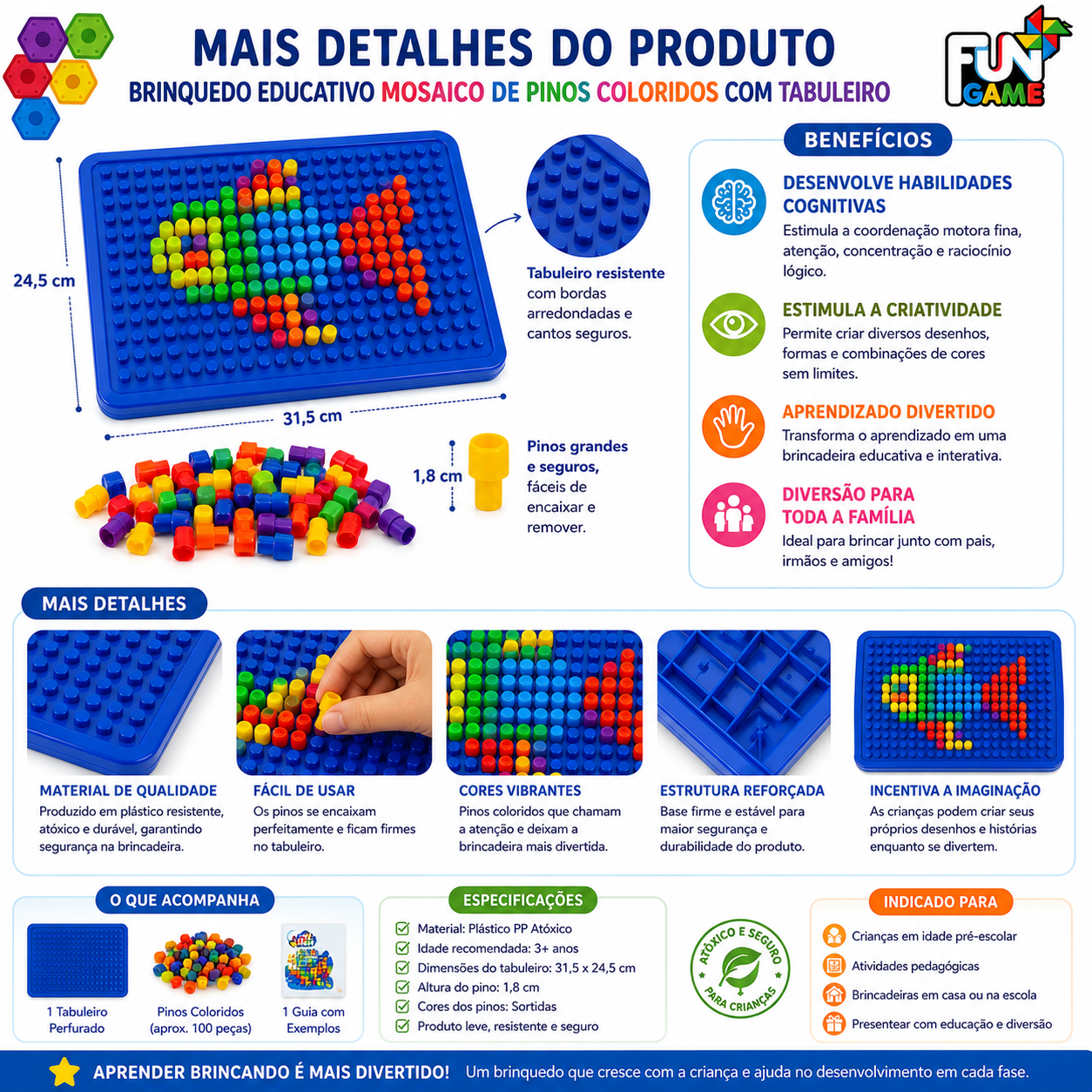 Brinquedo Educativo Mosaico de Pinos Coloridos com Tabuleiro - imagem 4