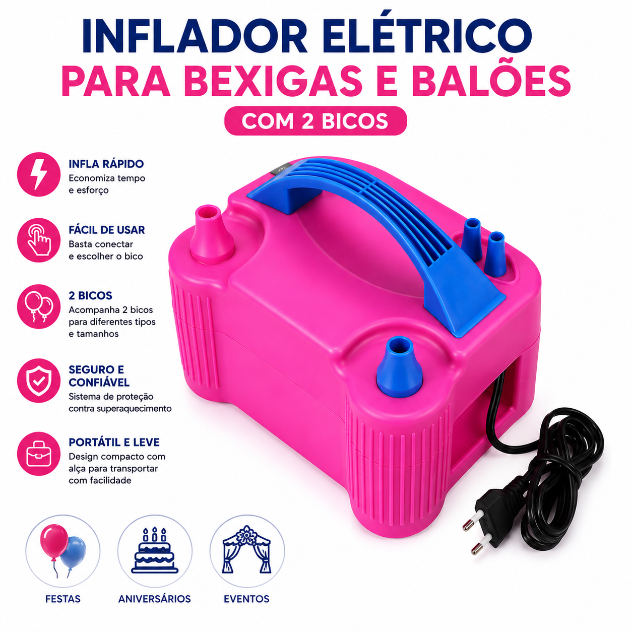 Inflador Elétrico para Bexigas e Balões com 2 Bicos - 220V - Imagem 3