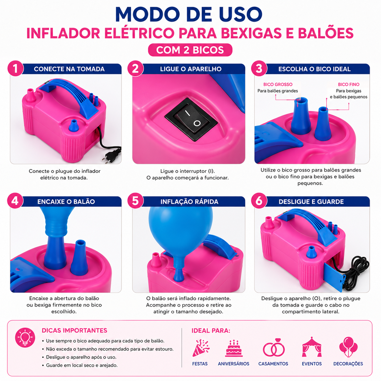 Inflador Elétrico para Bexigas e Balões com 2 Bicos - 220V - Imagem 4